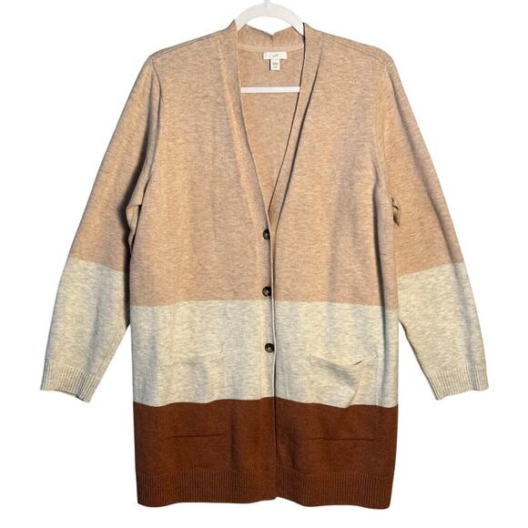 J Jill Sz Large Long Button Front Color Block Cardigan Sweater Neutral Lagenlook - Picture 1 of 8
